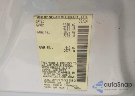 2014 Nissan Altima 2.5 Sl z USA, uszkodzony, nr VIN 1N4AL3AP9EC901582